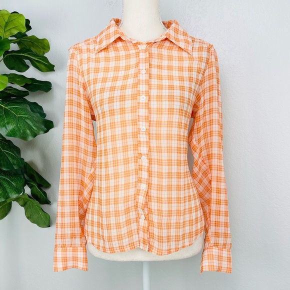 Ya Los Ángeles Orange Plaid Sheer Long Sleeve Collar Button Down Chiffon Blouse - Picture 1 of 8